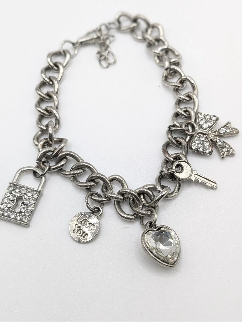 Silver Tone Charm Bracelet with Rhinestone Lock, Key & Heart Charms Adjustable